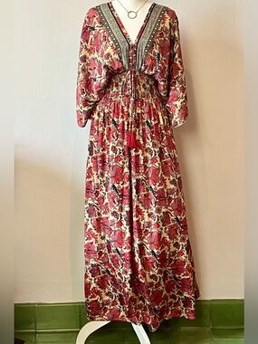 Coastal Boho Silk Blend Maxi Caftan Dress - Floral Paisley Red Cream